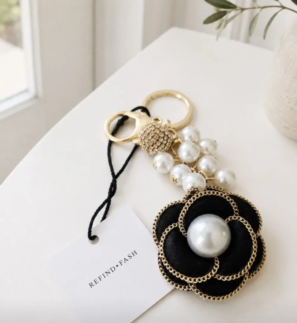 Black Gold Pearl Flower Rhinestone Bag Charm New